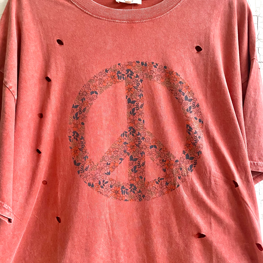 Cotton Mineral Washed Peace Sign Tee - Brick