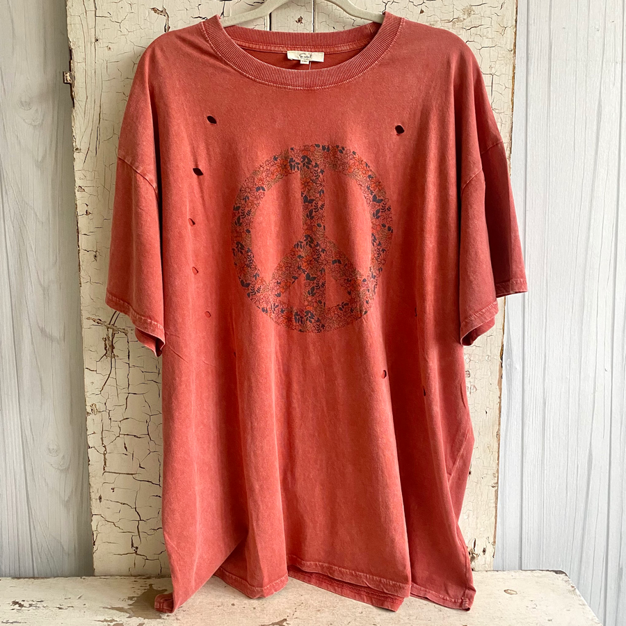 Cotton Mineral Washed Peace Sign Tee - Brick