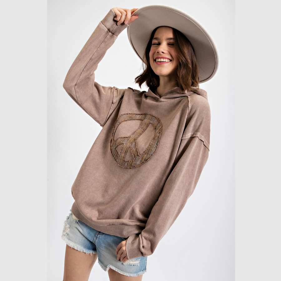 Terry Knit Peace Sign Pullover Hoodie - Mocha