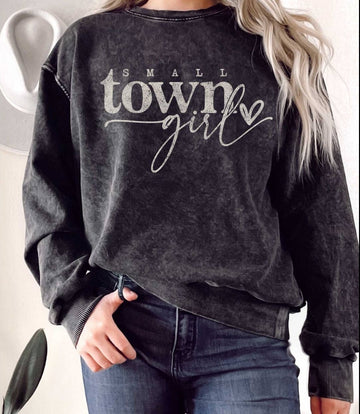 Cotton Mineral Washed Small Town Girl Sweatshirt -Black
