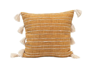 Woven Stripe & Tassel Cotton Pillow - Mustard