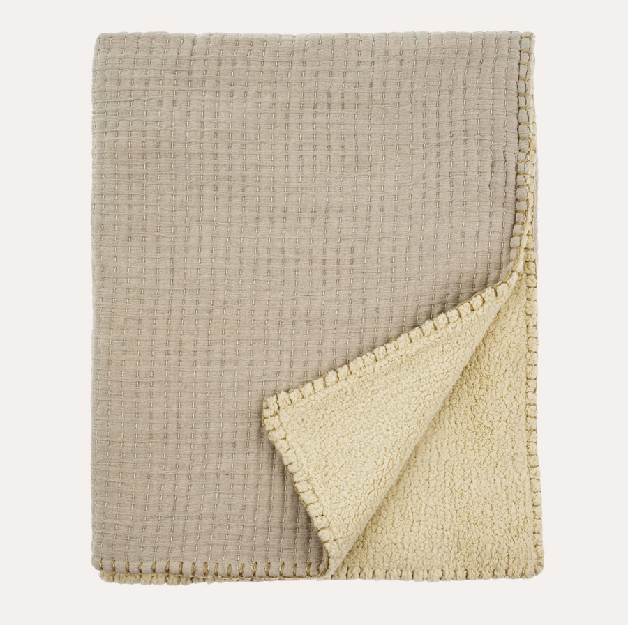 Hand Stitched Cotton & Sherpa Throw - Stone Gray