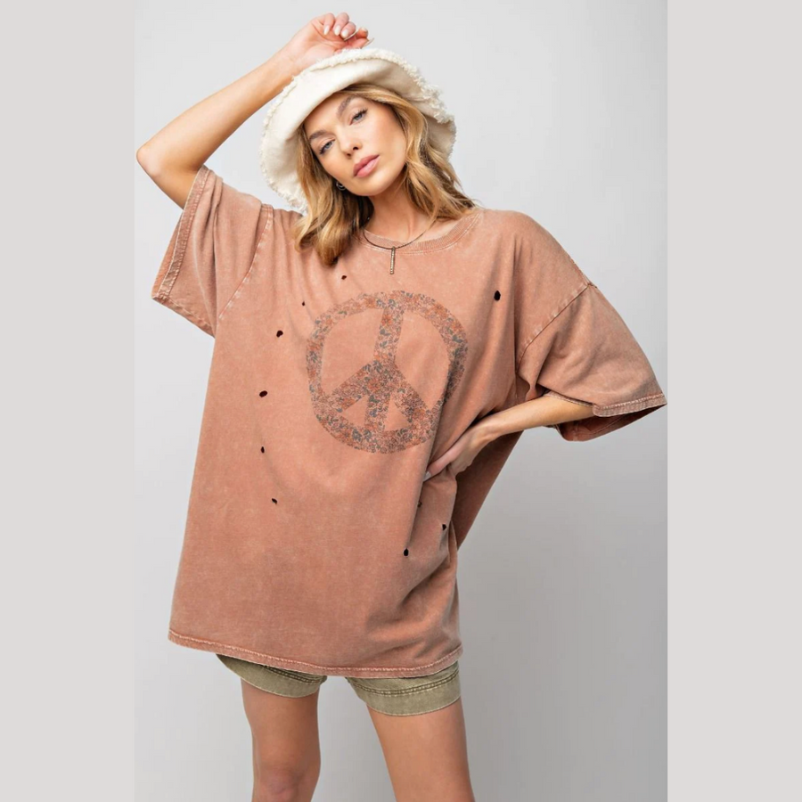 Cotton Mineral Washed Peace Sign Tee - Cocoa