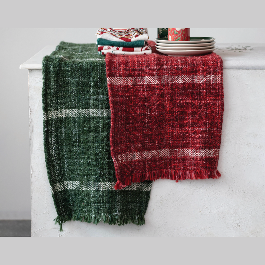 Wool Blend Stripe & Fringe Slub Table Runner - Green