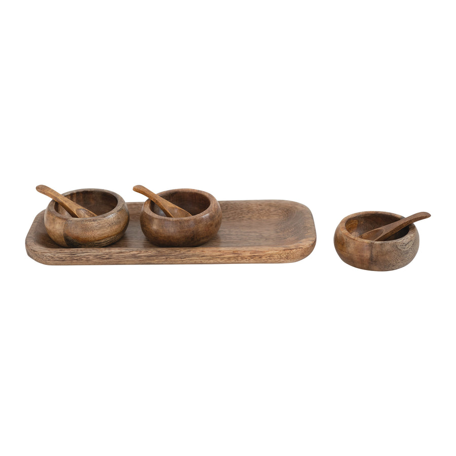 Mango Wood Tray with Bowls & Spoons