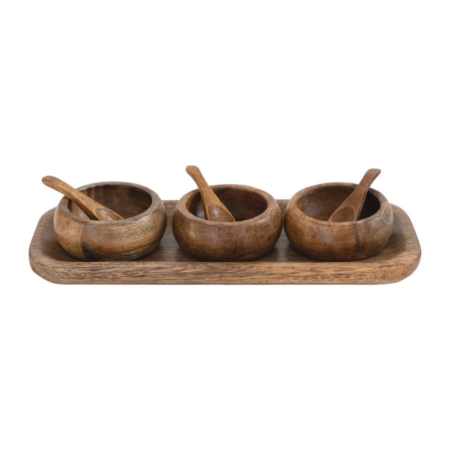 Mango Wood Tray with Bowls & Spoons