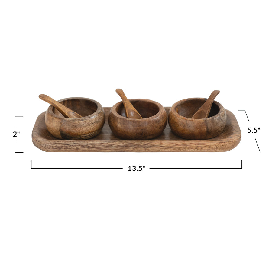 Mango Wood Tray with Bowls & Spoons