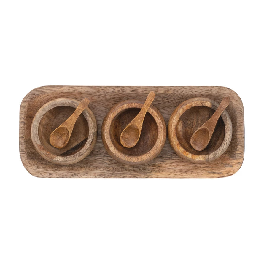 Mango Wood Tray with Bowls & Spoons