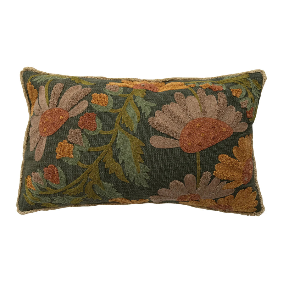 Fall Flowers Embroidered Lumbar Pillow