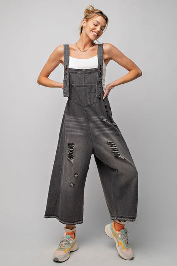 Distressed Loose Fit Black Denim Overalls