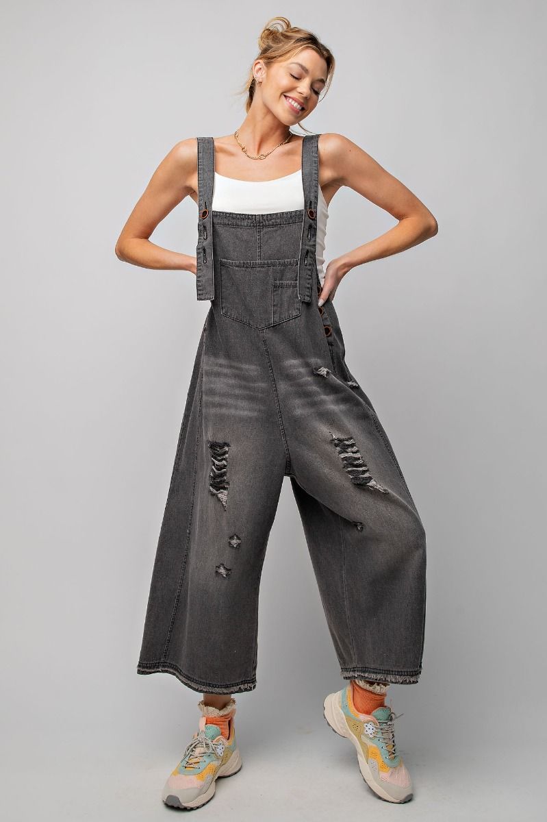 Distressed Loose Fit Black Denim Overalls