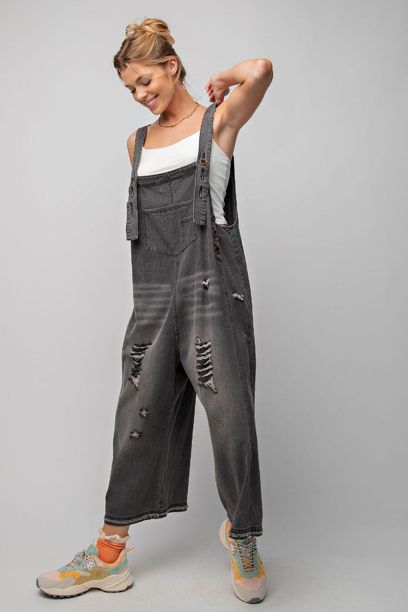 Distressed Loose Fit Black Denim Overalls