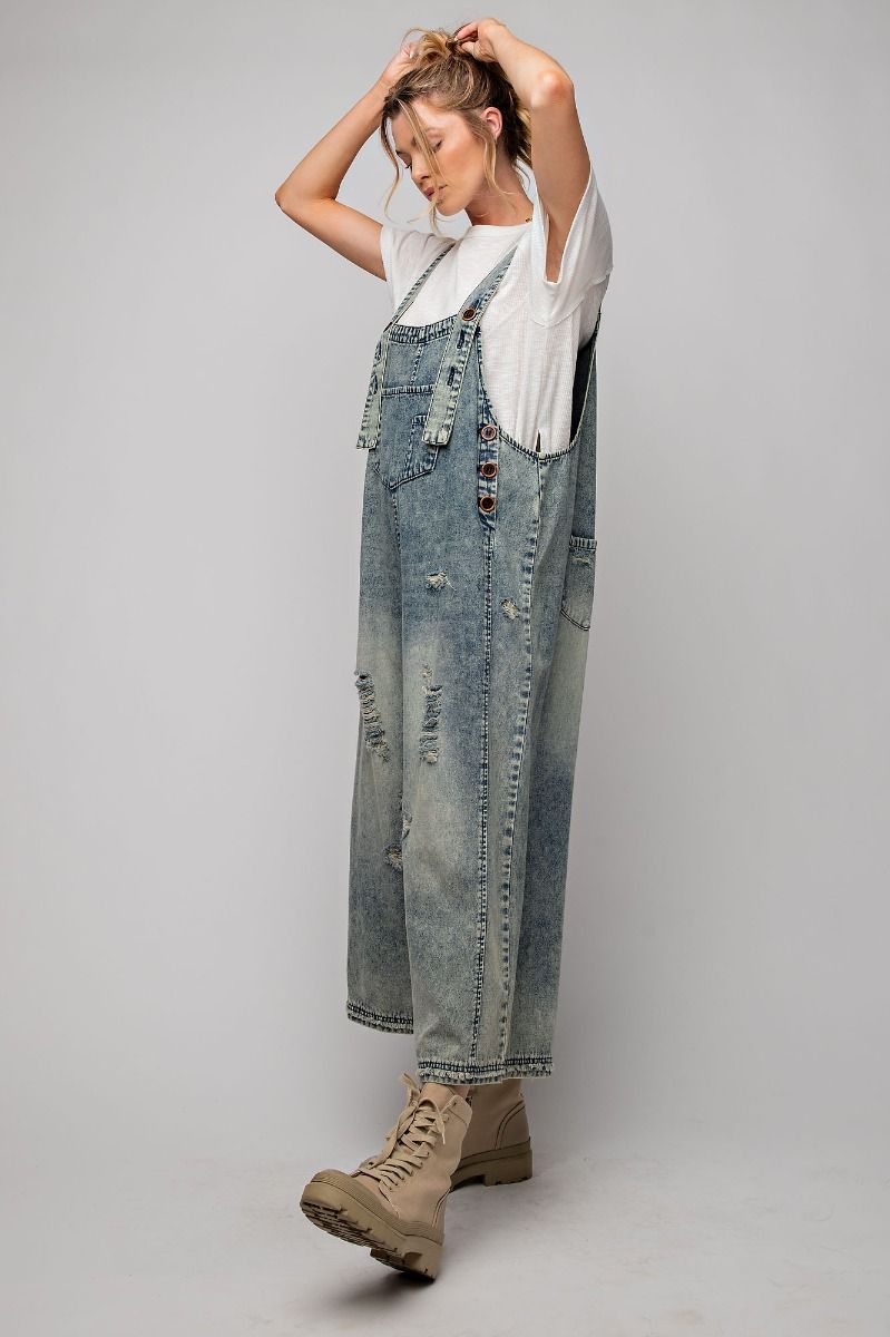 Distressed Loose Fit  Faded Blue Denim Overalls