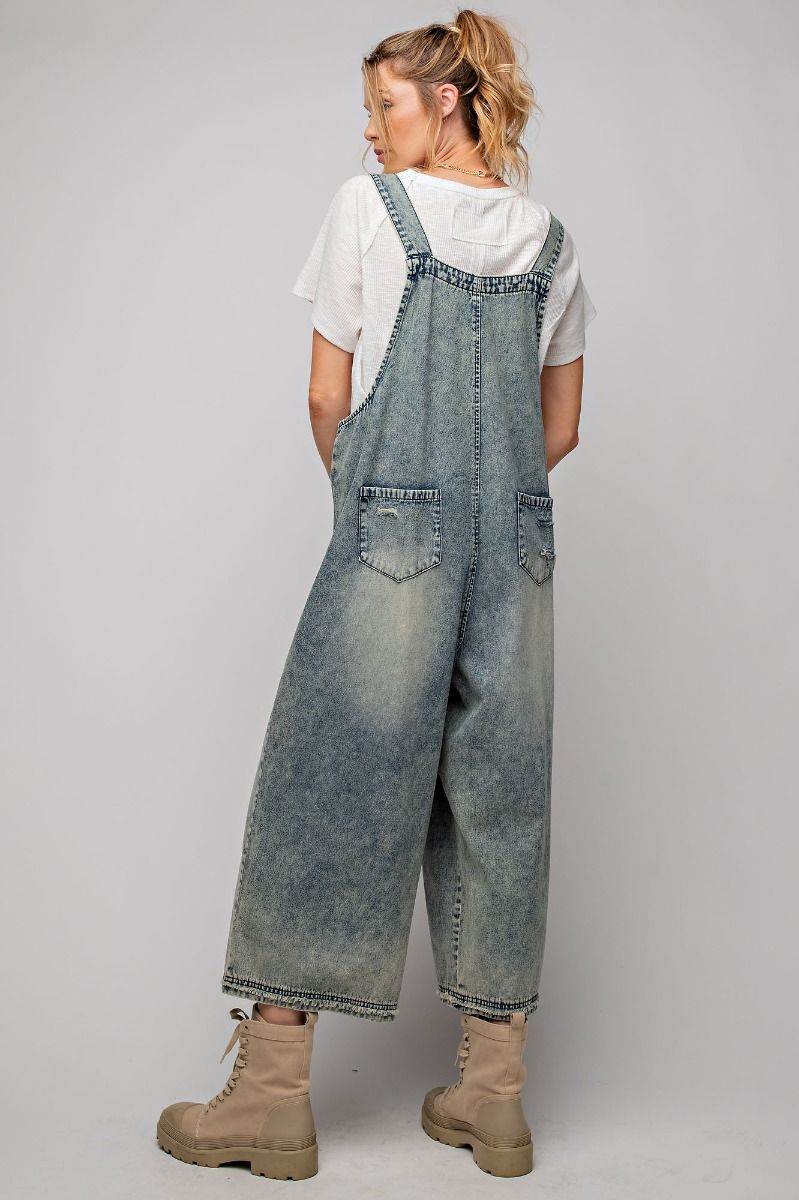 Distressed Loose Fit  Faded Blue Denim Overalls