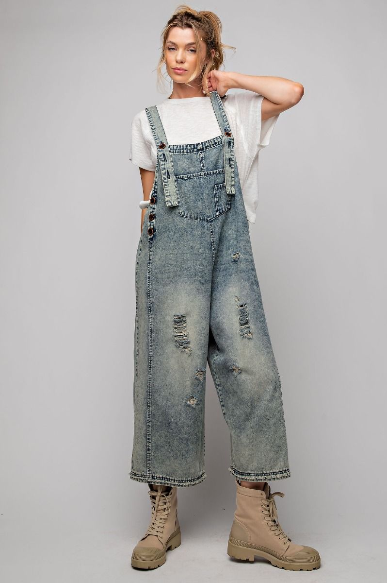 Distressed Loose Fit  Faded Blue Denim Overalls