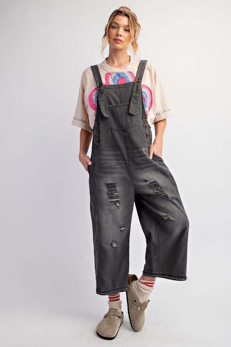 Distressed & Oversized Black Denim Overalls