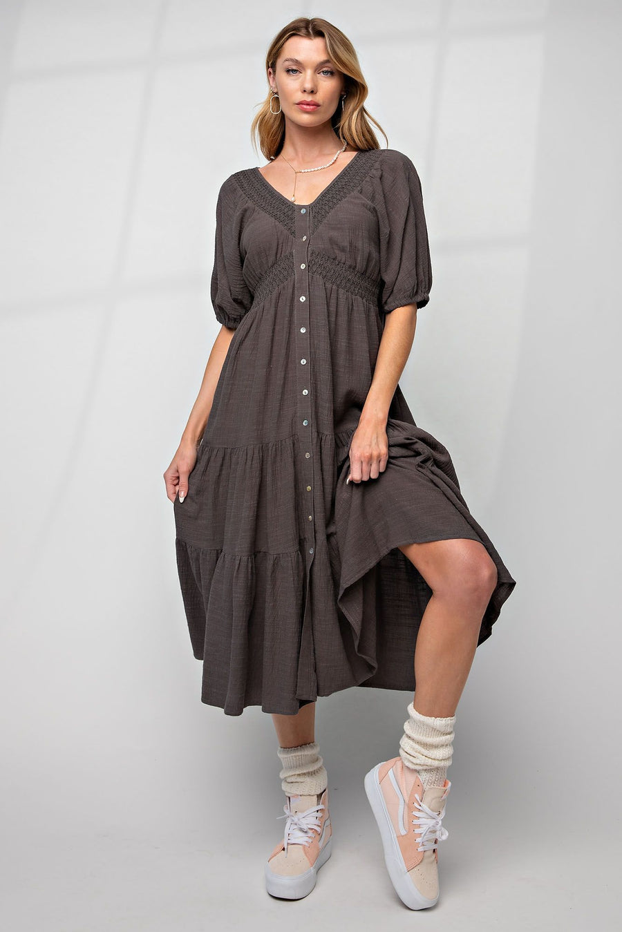 Slate Button-Down Tiered Dress