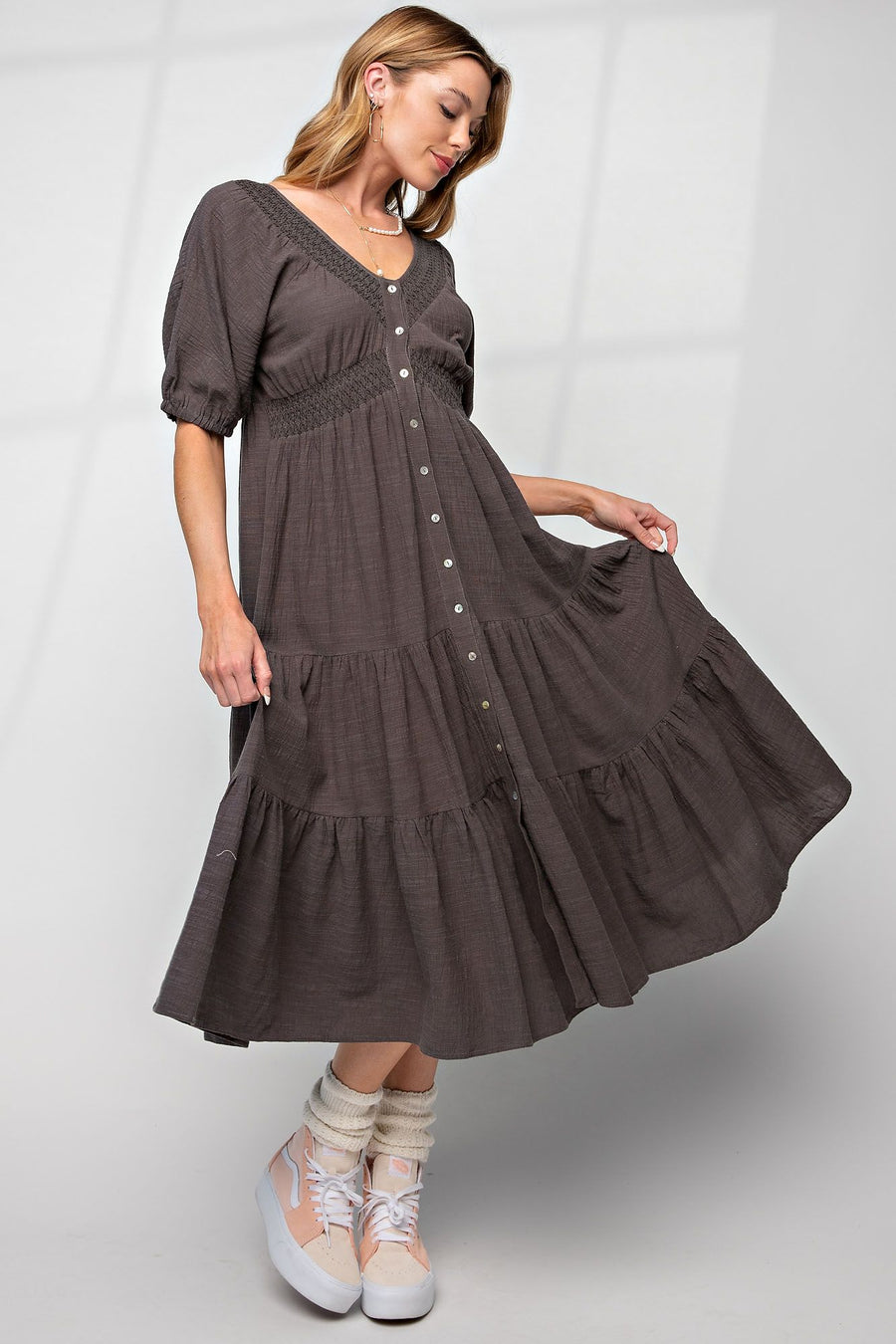 Slate Button-Down Tiered Dress