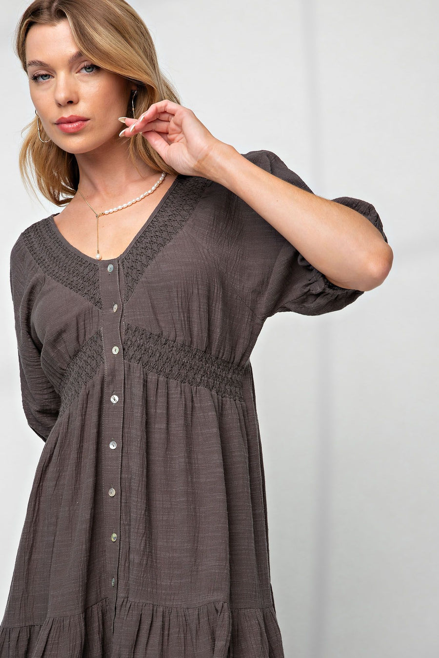 Slate Button-Down Tiered Dress