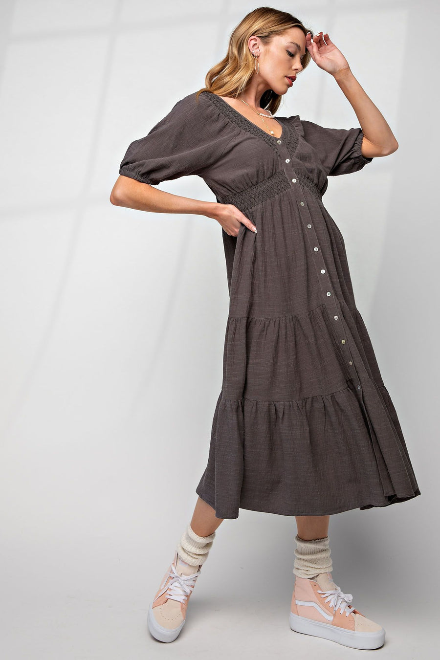 Slate Button-Down Tiered Dress
