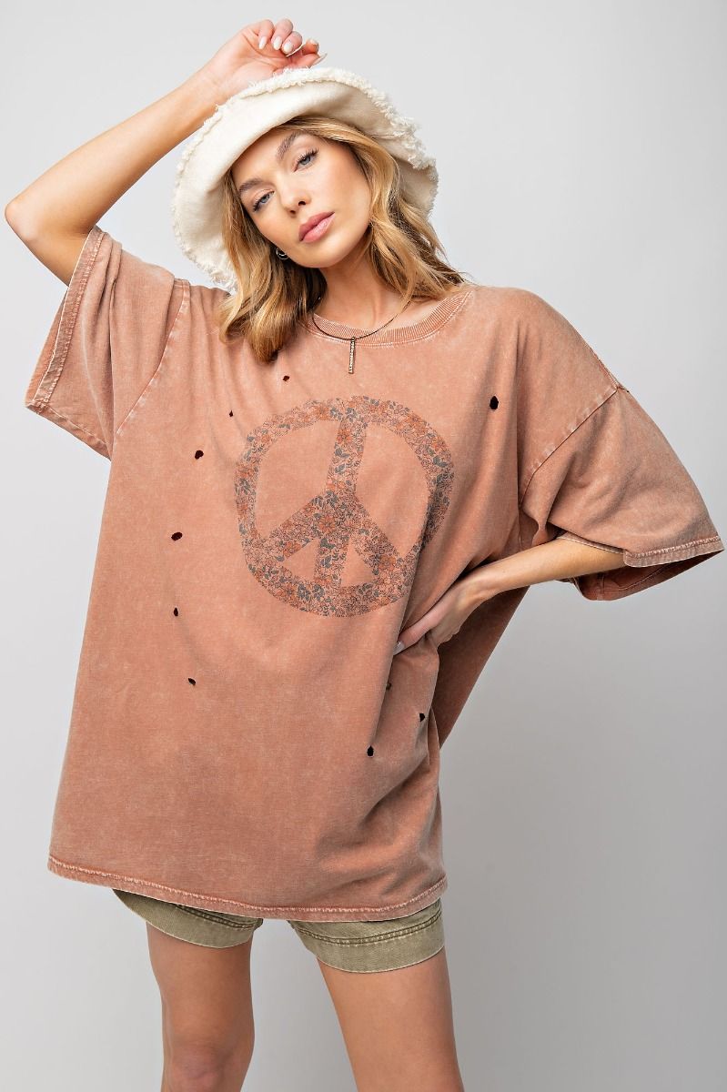 Cotton Mineral Washed Peace Sign Tee - Cocoa