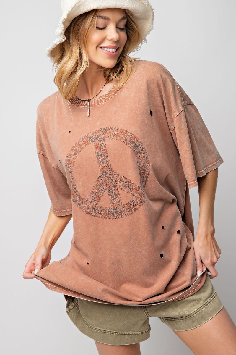 Cotton Mineral Washed Peace Sign Tee - Cocoa