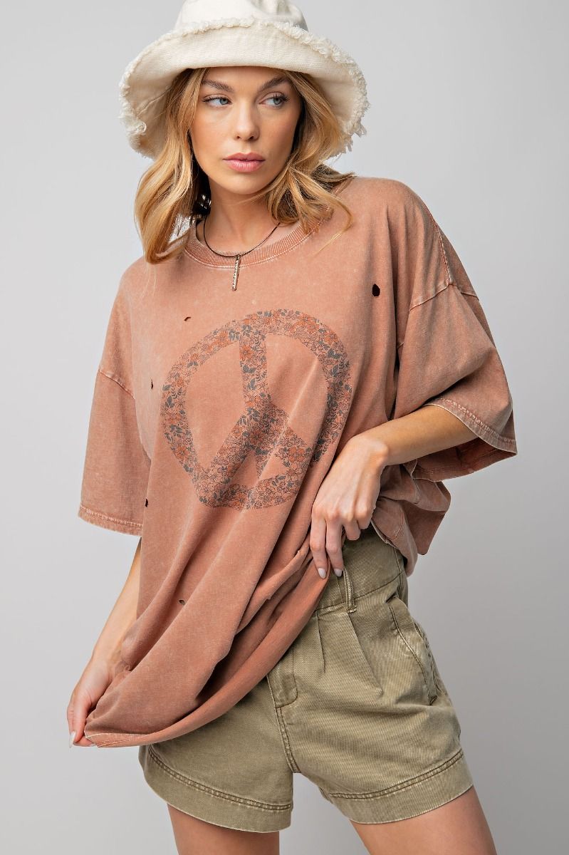 Cotton Mineral Washed Peace Sign Tee - Cocoa