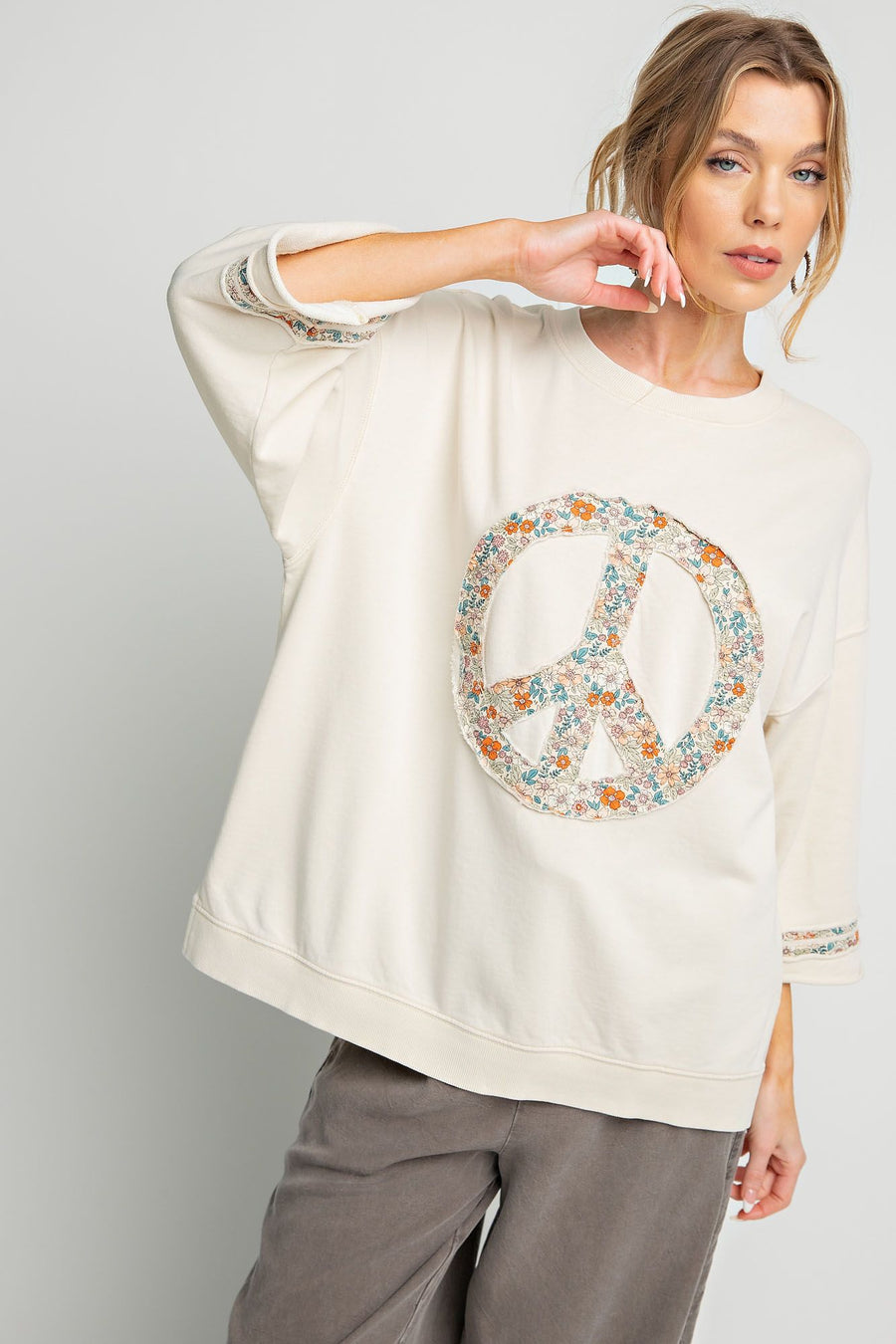 Floral Peace Tee with 3/4 Sleeves - Beige