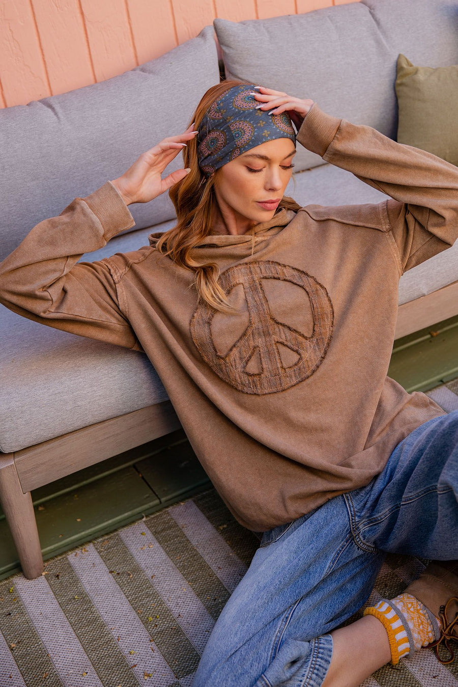 Terry Knit Peace Sign Pullover Hoodie - Mocha