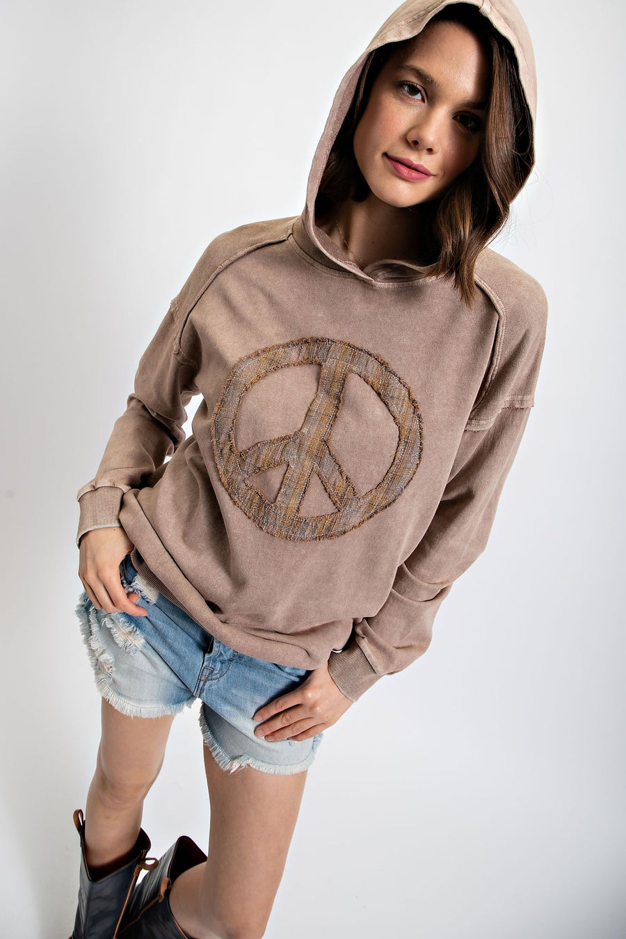 Terry Knit Peace Sign Pullover Hoodie - Mocha