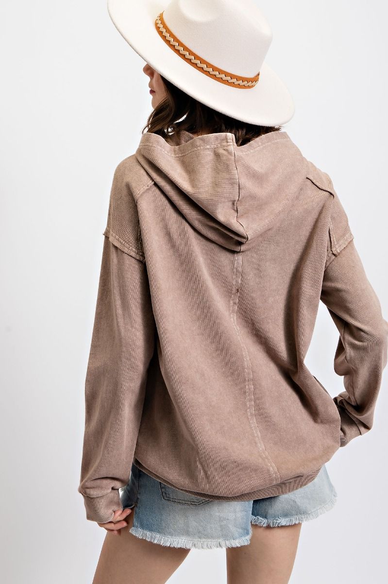 Terry Knit Peace Sign Pullover Hoodie - Mocha