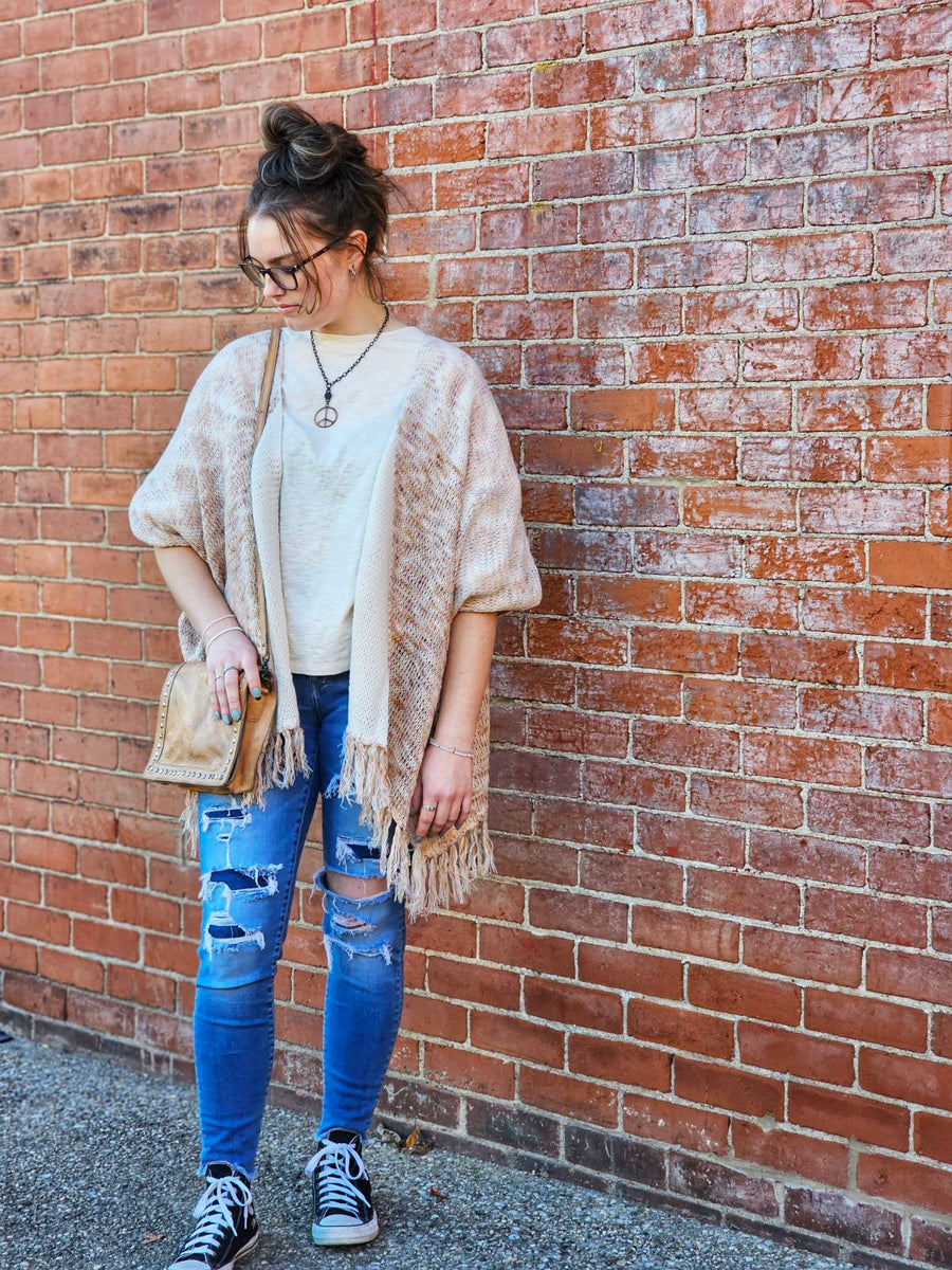 Terra Cotta & Cream Fringed Open Front Cardigan