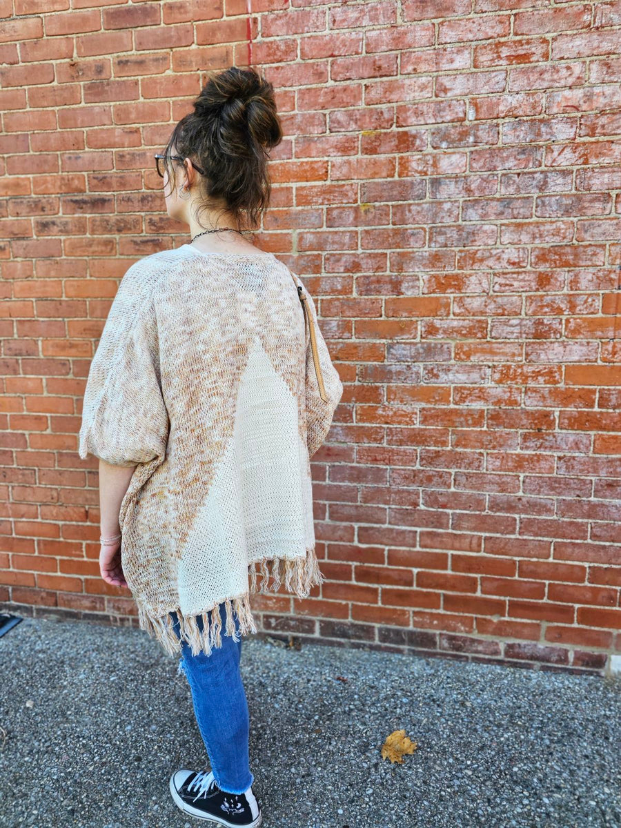 Terra Cotta & Cream Fringed Open Front Cardigan