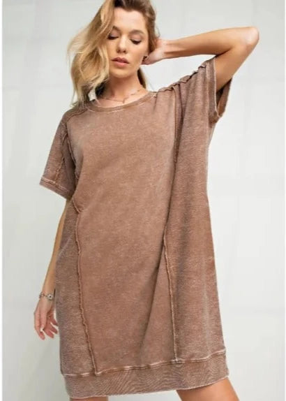 Mineral Washed Cotton T-Shirt Dress - Cocoa