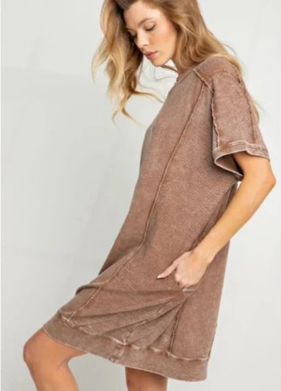 Mineral Washed Cotton T-Shirt Dress - Cocoa