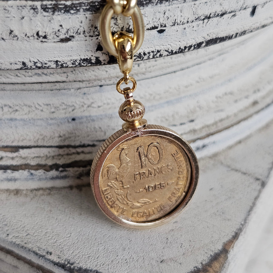 Vintage 1955 Double Sided Rooster series 10 Francs Coin Necklace