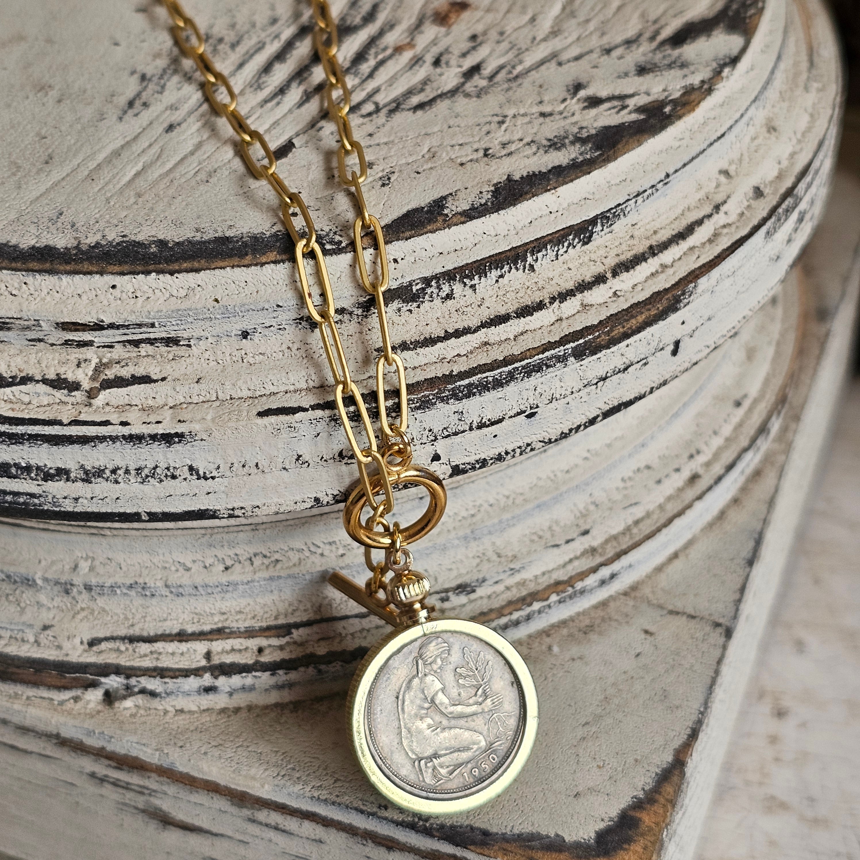 Vintage 1950 German 50 Pfennig Double Sided Coin Necklace – Olde
