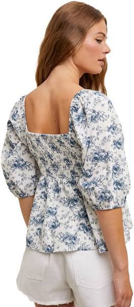 Blue Toile Pleated Blouse with Puff Sleeves