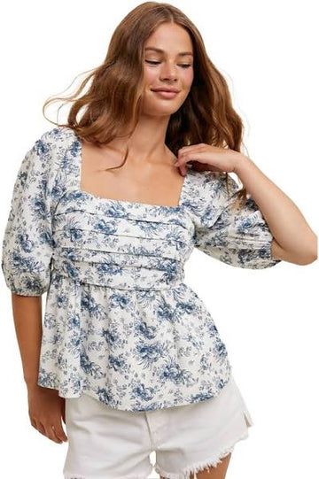 Blue Toile Pleated Blouse with Puff Sleeves