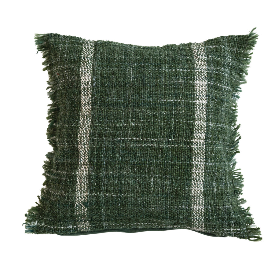 Evergreen Woven Wool & Cotton Stripe & Fringe Pillow