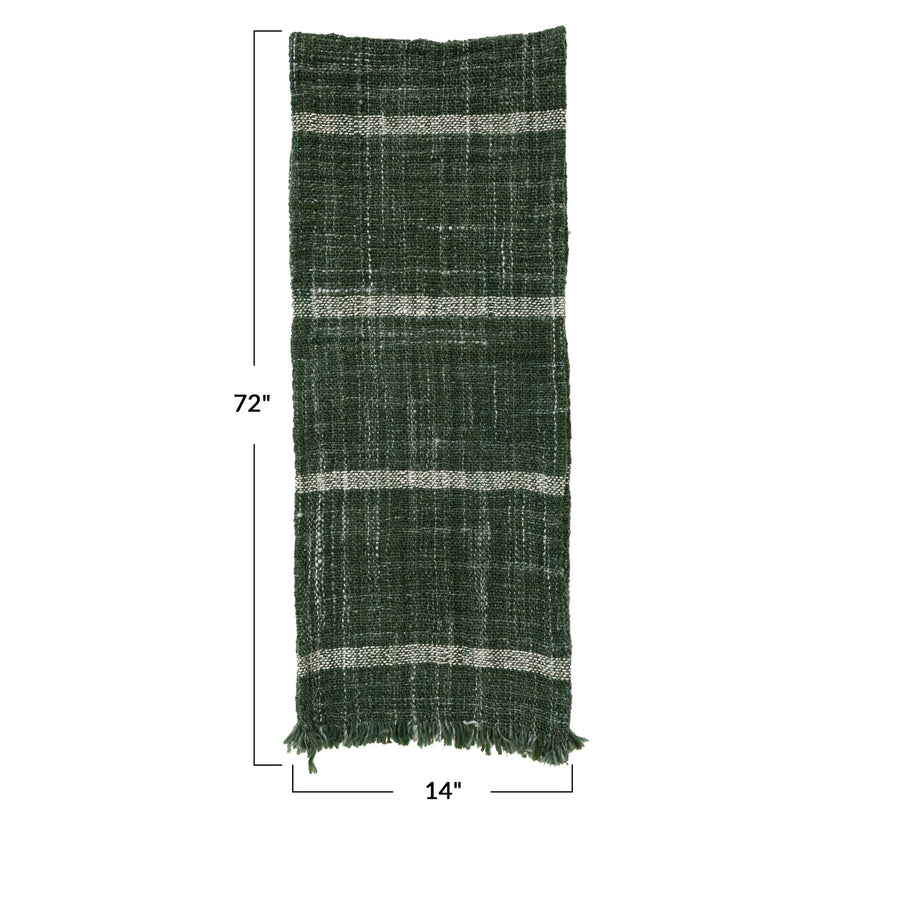 Wool Blend Stripe & Fringe Slub Table Runner - Green