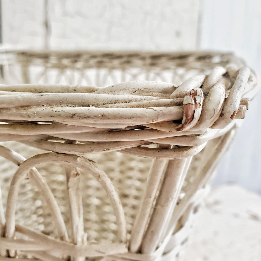 Tall Vintage Chippy White  Wicker Basket