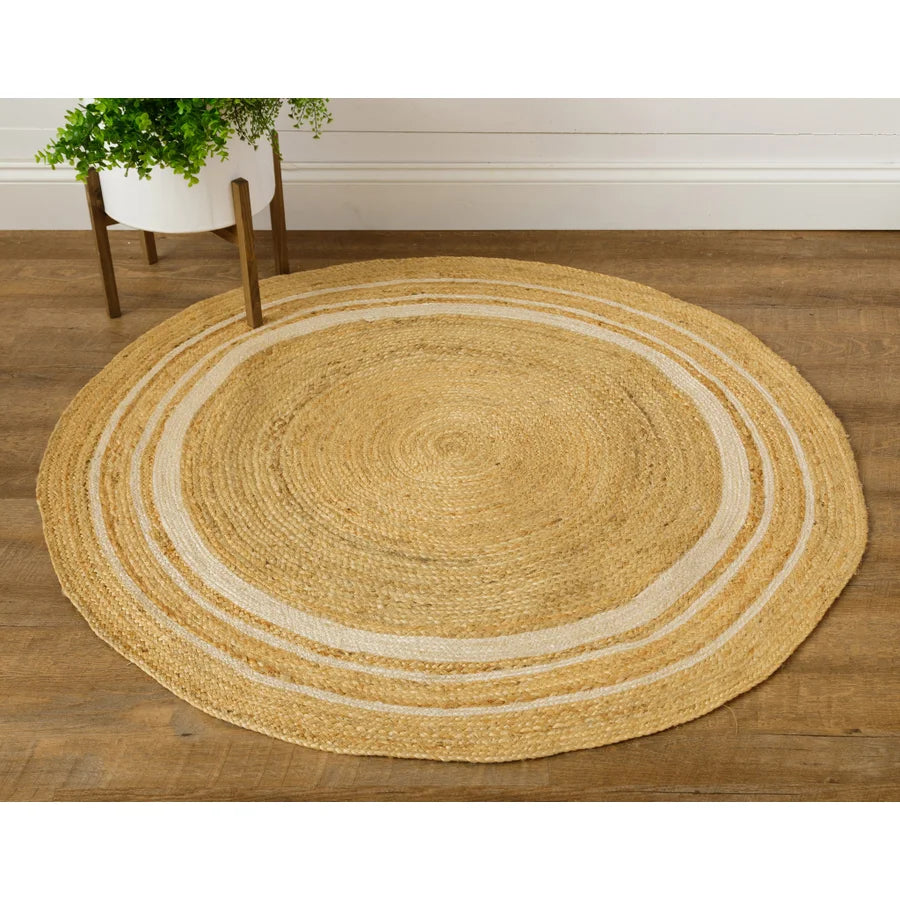 Round Jute Rug With White Stripe