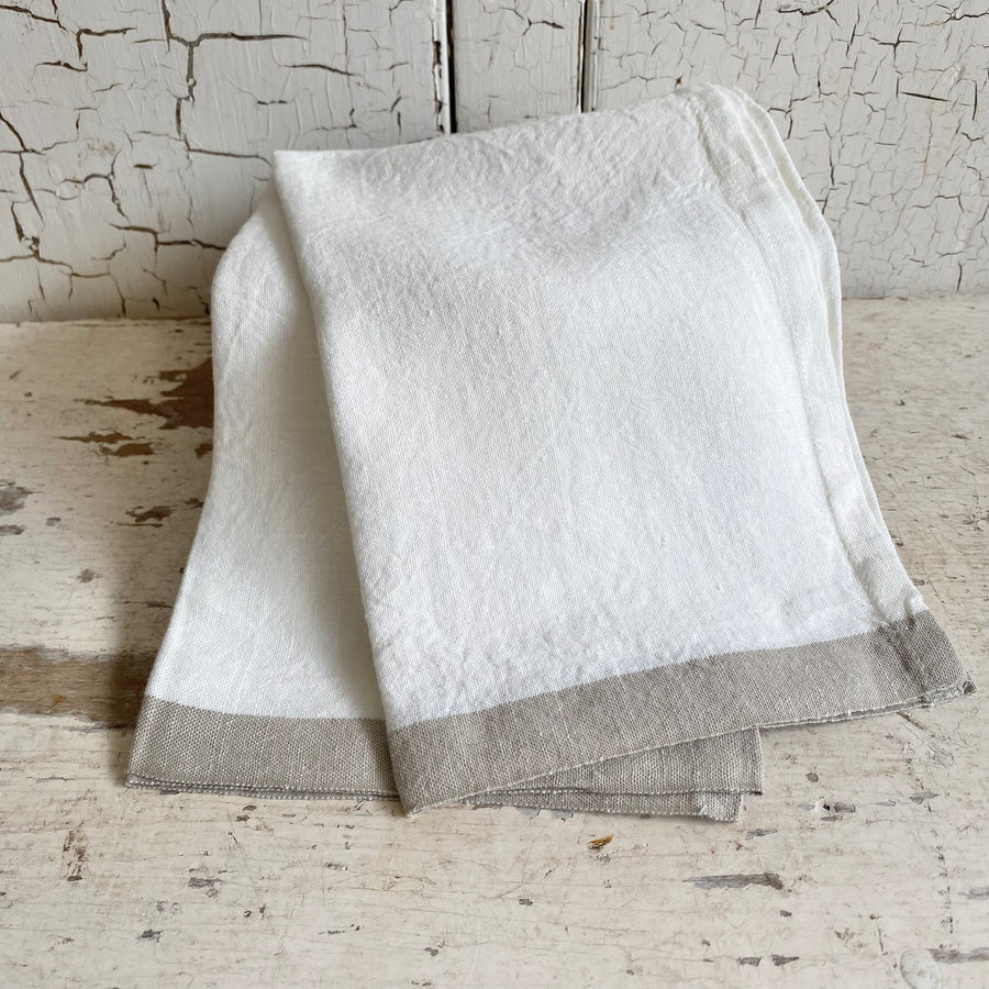 Natural Linen Kitchen Towel - White With Beige Border