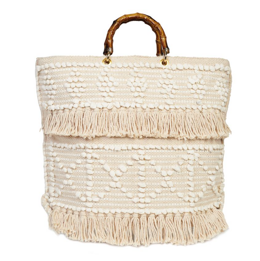 Fringed Tote Bag With Bamboo Handles