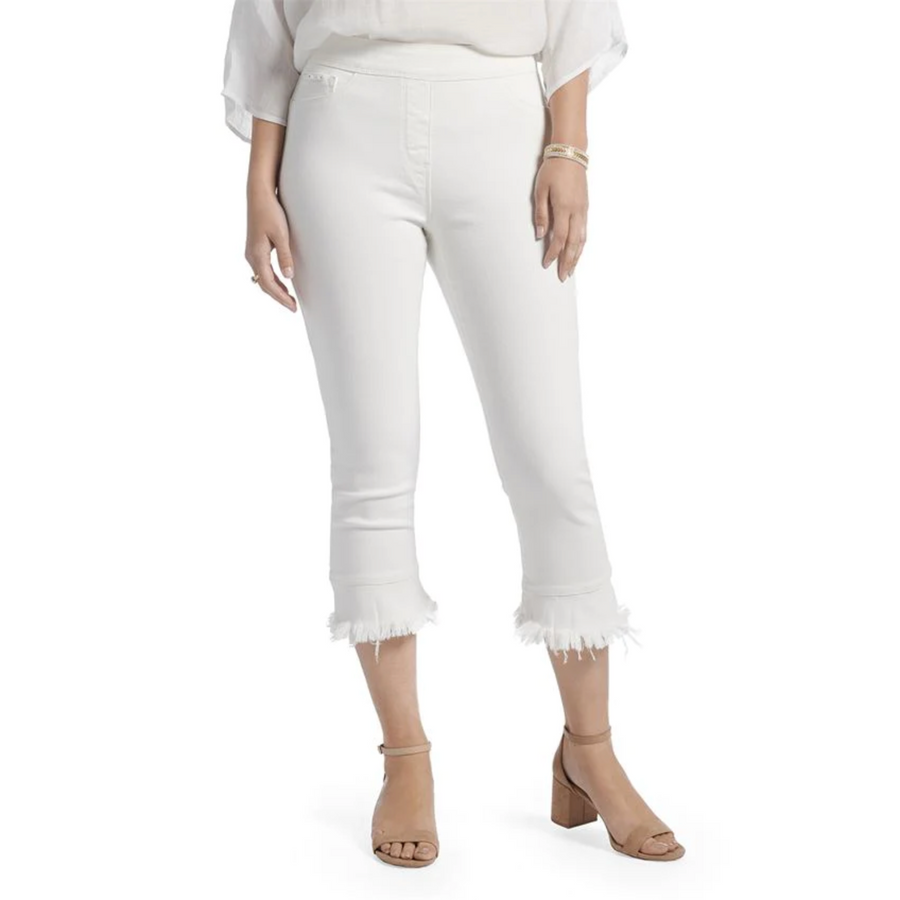OMG Straight Leg Fringe Capri White Denim