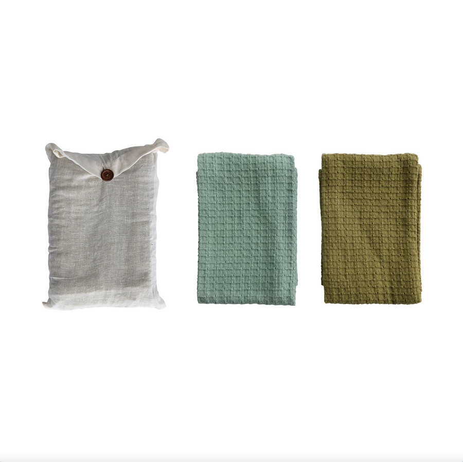 Teal & Olive Cotton Waffle Weave Towels With Bag